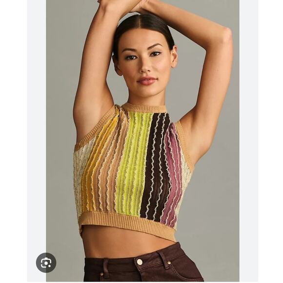 Anthropologie Eva Franco Crewneck Sweater Vest 3D Knit Crop Womens Small Striped - Picture 1 of 13
